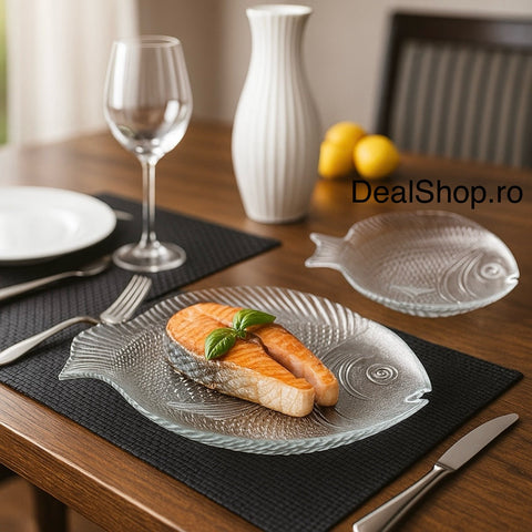Set 1 platou si 6 farfurii, forma peste, Pasabahce Marine, sticla 97159