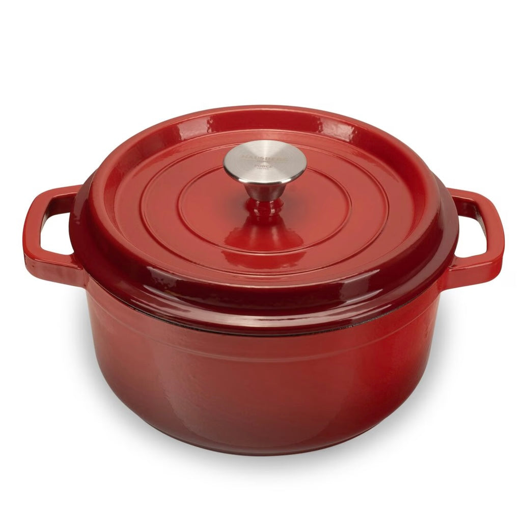 Oala 4 litri din fonta emailata cu capac Hausberg HB-H744 capacitate diametru 24 cm adancime 11 cm, interior antiaderent, Rosu
