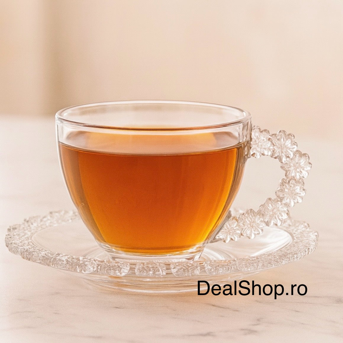 Set 6 Cești din Sticla 200 ml cu Farfurioare Design Floral Elegant Ideal pentru Cafea și Ceai