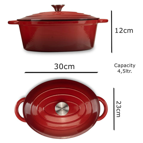 Oală din fonta emailata Hausberg capacitate 4,5 litri diametru 30 x 23 cm adâncime 12 cm interior capac din fontă roșu HB H750