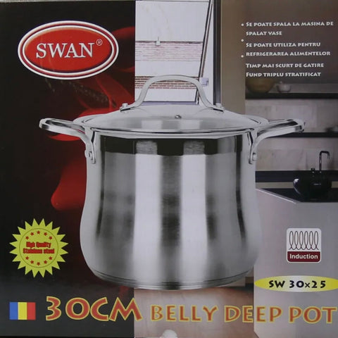 Oala inox, fund triplu, capac din sticla, Swan-Belly cantitate oala 18 litri, 30 x 25 cm