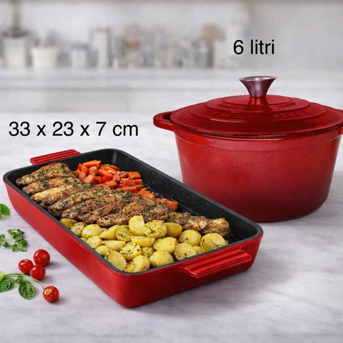 Set tavă cuptor + cratiță fontă emailată Cooking by Heinner Red Line – Tavă 33x23x7 cm + Cratiță 6L cu capac, gătire uniformă