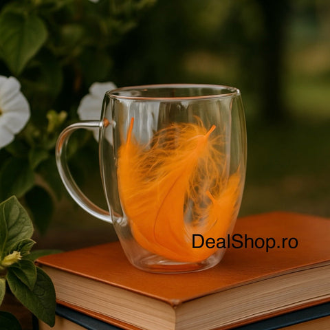 Set 4 Cești din Sticlă cu Pereți Dubli 350 ml– Design cu Pene Portocalii