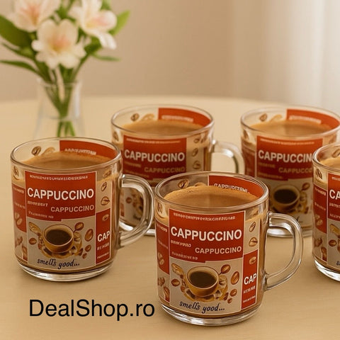 Set 6 cani capuccino Coffe din sticla transparenta 200 ml