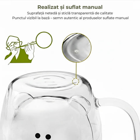 Set 4 cesti cafea pereti dubli sticla termorezistenta Coffe Model Ursulet 260 ml coffe tea