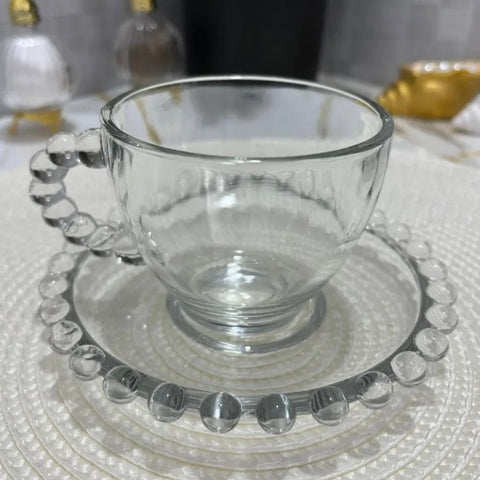 Set 6 cești 200 ml+6 farfurii sticlă design margini perlate Mansoura
