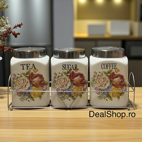SET 3 RECIPIENTE CONDIMENTE CERAMICA CU CAPAC INOX SI SUPORT METALIC