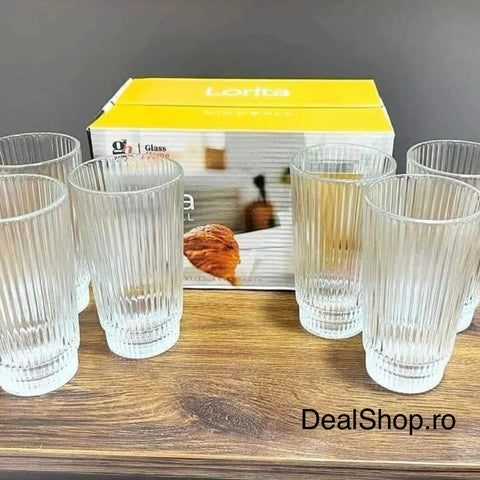 Set 6 pahare sticlă Lorita 240 ml model striat sticlă groasa transparentă pahare highball pentru apă suc cocktail