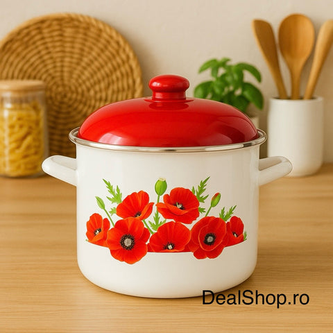 Oală emailată cu capac roșu și model buchet maci, 24 cm 8,2 litri rezistenta și eleganta pentru gătit