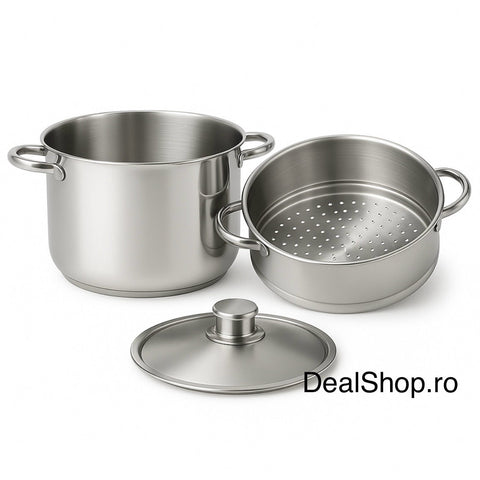 Oală 8 litri Inox pentru aburi, 24 cm, capac inox, inserție detasabila compatibilă inducție