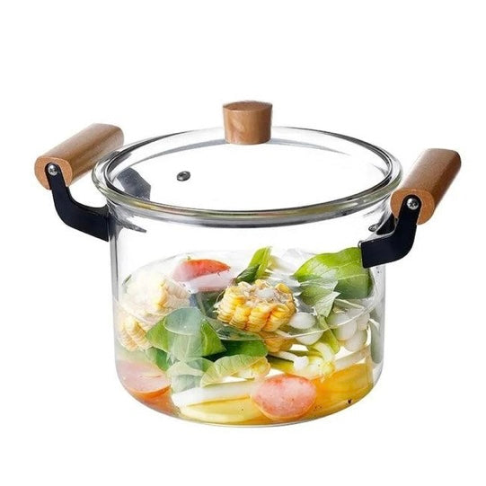 Oala Sticla Borosilicată 4.5 litri cu capac și manere din lemn – Rezistenta la Temperatura 20 x 16 cm