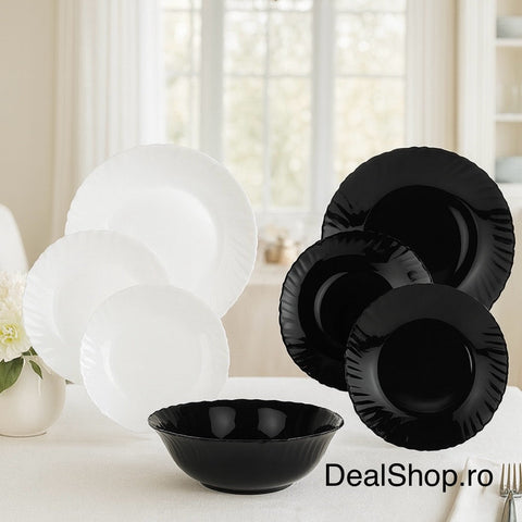 Set complet serviciu de masa și cafea din opal termorezistent 31 piese alb & negru