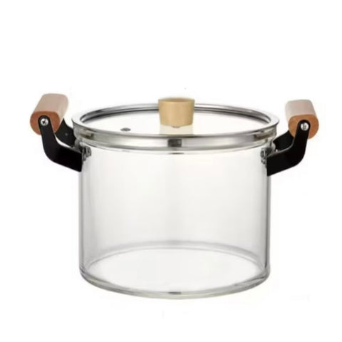 Oala Sticla Borosilicată 4.5 litri cu capac și manere din lemn – Rezistenta la Temperatura 20 x 16 cm