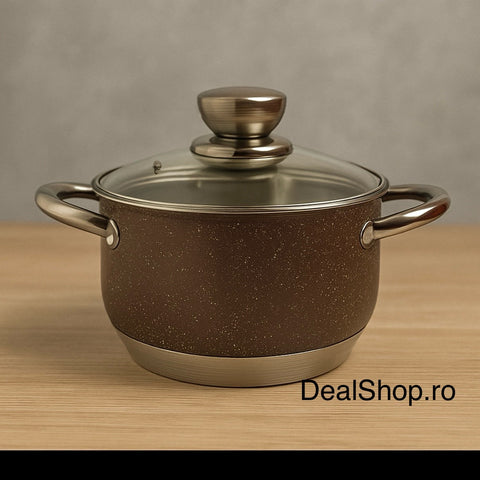 Cratita 2.9 litri Premium Royalty Line Brown  Inox cu fund multistrat și capac din sticla gătit rapid elegant și sanatos