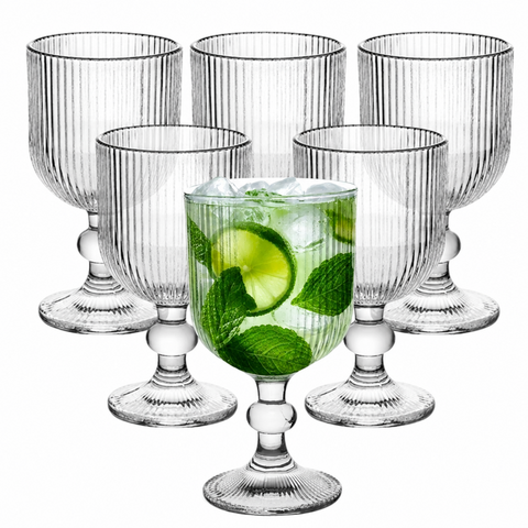 Set 6 pahare Alex cu picior 280 ml, sticlă transparentă striată, pahare vin/apă/suc elegante