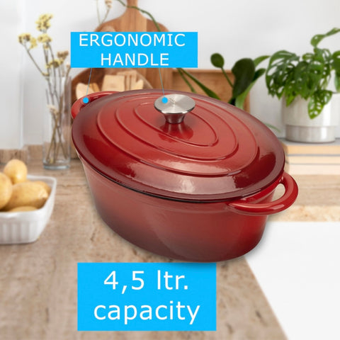 Oală din fonta emailata Hausberg capacitate 4,5 litri diametru 30 x 23 cm adâncime 12 cm interior capac din fontă roșu HB H750