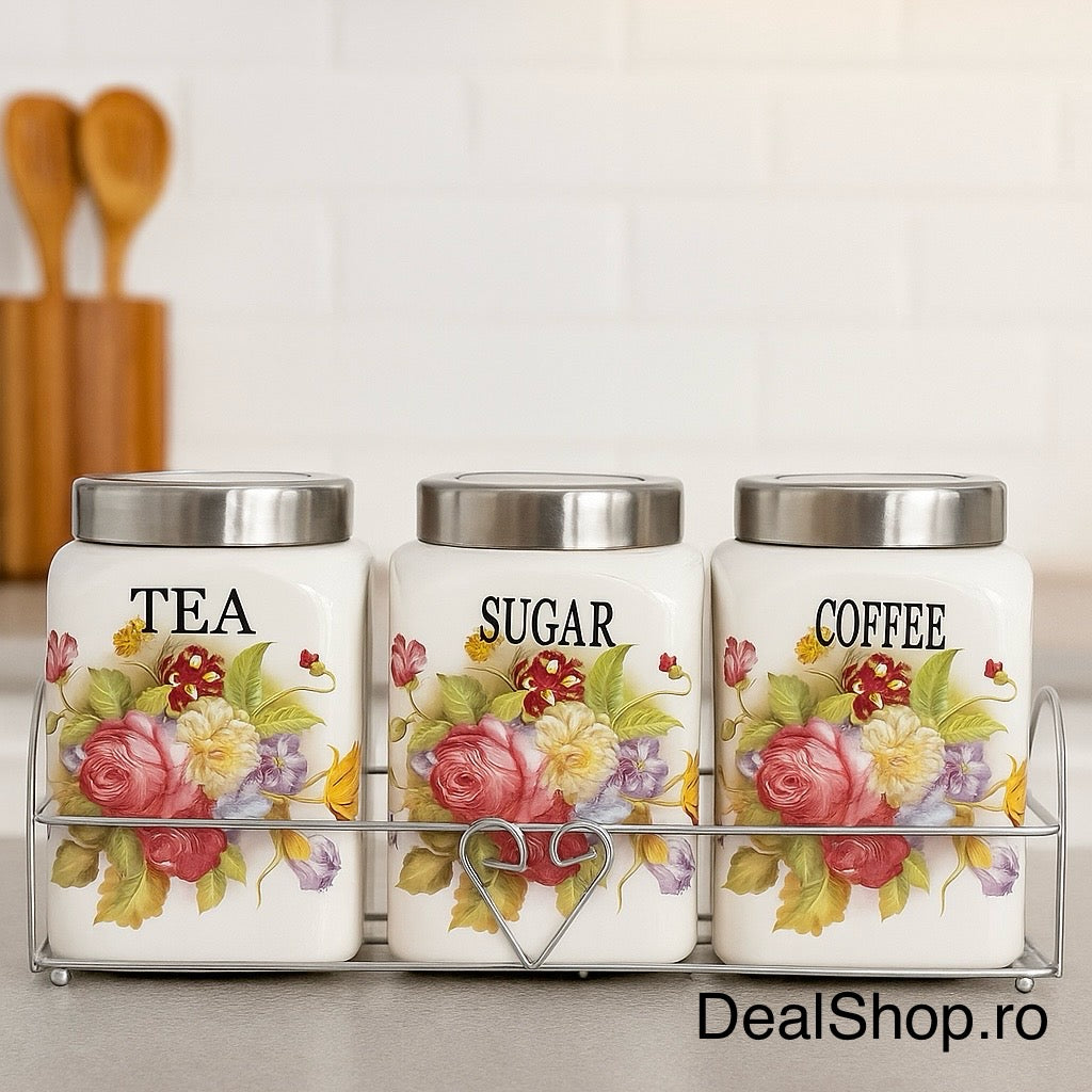 SET 3 RECIPIENTE CONDIMENTE CERAMICA CU CAPAC INOX SI SUPORT METALIC