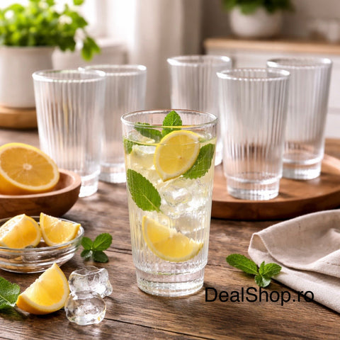 Set 6 pahare sticlă Lorita 240 ml model striat sticlă groasa transparentă pahare highball pentru apă suc cocktail