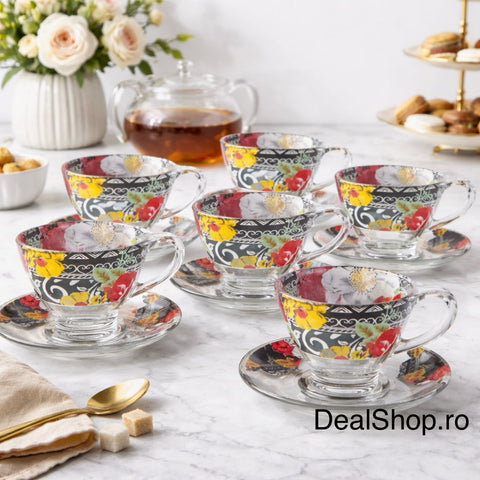 Set 6 cești din sticlă Galaxy 200 ml cu farfurioare – Decor Floral Elegant, Pentru Cafea sau Ceai