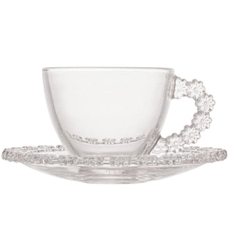 Set 6 Cești din Sticla 200 ml cu Farfurioare Design Floral Elegant Ideal pentru Cafea și Ceai