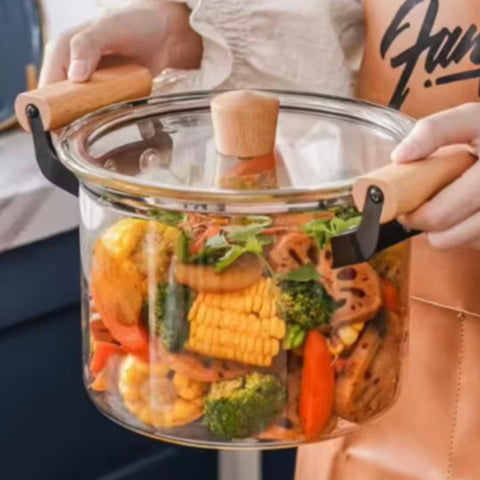 Oala Sticla Borosilicată 4.5 litri cu capac și manere din lemn – Rezistenta la Temperatura 20 x 16 cm
