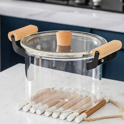 Oala Sticla Borosilicată 4.5 litri cu capac și manere din lemn – Rezistenta la Temperatura 20 x 16 cm