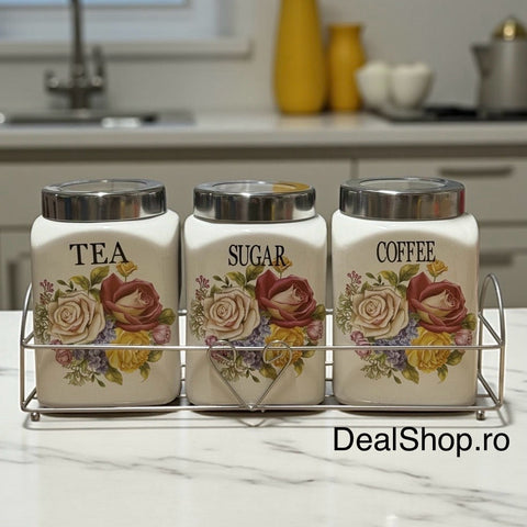 SET 3 RECIPIENTE CONDIMENTE CERAMICA CU CAPAC INOX SI SUPORT METALIC