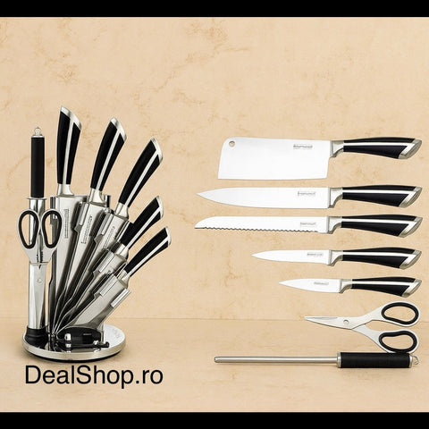 Set cutite suport rotativ 8 piese Royalty Line RL-KSS700 inox