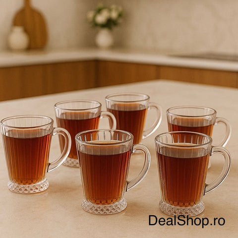 Set 6 cești sticlă 220 ml cafea ceai pahare termorezistente model elegant diamant Max Mug