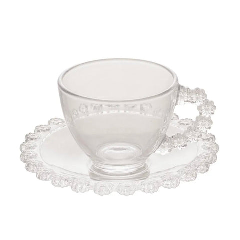 Set 6 Cești din Sticla 200 ml cu Farfurioare Design Floral Elegant Ideal pentru Cafea și Ceai
