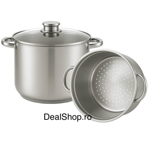 Oală 8 litri Inox pentru aburi, 24 cm, capac inox, inserție detasabila compatibilă inducție