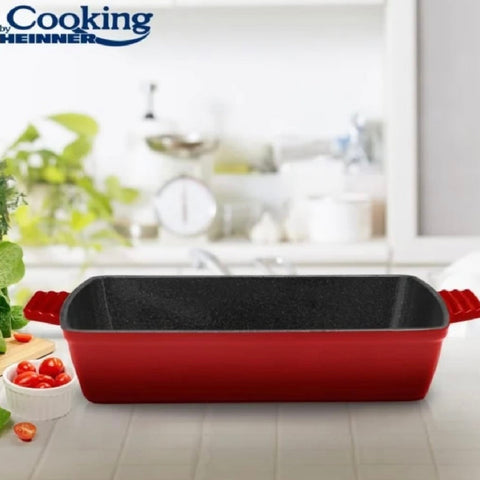 Set tavă cuptor + cratiță fontă emailată Cooking by Heinner Red Line – Tavă 33x23x7 cm + Cratiță 6L cu capac, gătire uniformă