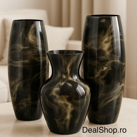 Set 3 vaze decorative din sticlă – Model negru cu efect auriu Marbled, elegante pentru flori și decor interior