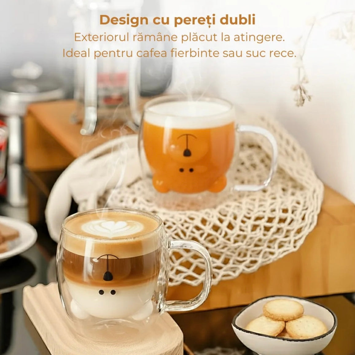 Set 6 cesti cafea pereti dubli sticla termorezistenta Model Ursulet 260 ml coffe