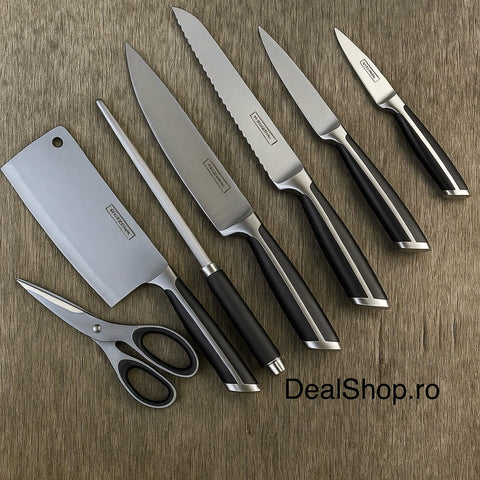 Set cutite suport rotativ 8 piese Royalty Line RL-KSS700 inox