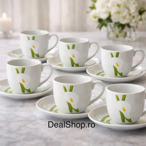 Set 6 cești cafea din porțelan 180 ml cu farfurii Cala Grace design floral elegant