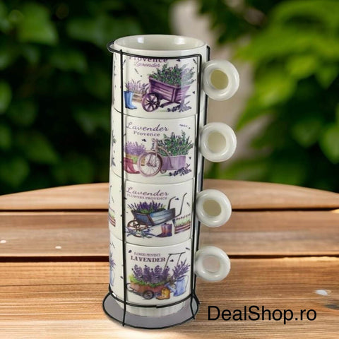 Set 4 cești din ceramica cu suport metalic Lavender 250 ml