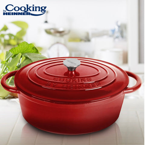 Cratita ovală fontă emailată 6L cu capac Cooking by Heinner Red Line – 33.5×26×12 cm vas profesional gătit la cuptor & plită