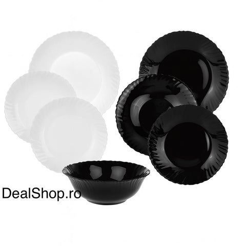 Set complet serviciu de masa și cafea din opal termorezistent 31 piese alb & negru