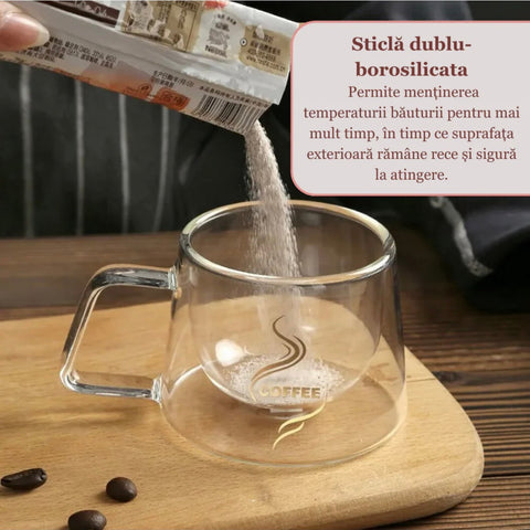 Set 12 cești de cafea cu pereti dubli sticla termorezistenta 200 ml mesaj COFFEE  Eleganta și Funcționalitate pentru Iubitorii de Cafea