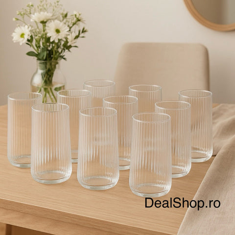 Set 12 pahare din sticla transparentă cu striatii 400 ml Design Modern și Elegant Hawai