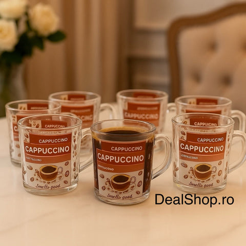 Set 6 cani capuccino Coffe din sticla transparenta 200 ml