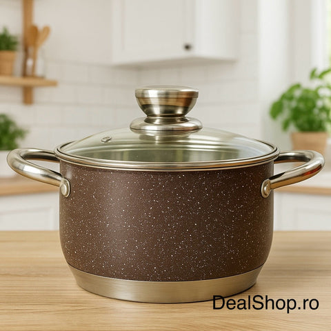 Cratita 3.9 Litri premium Royalty Line Brown Inox cu fund multistrat și capac din sticla gătit rapid elegant și sanatos
