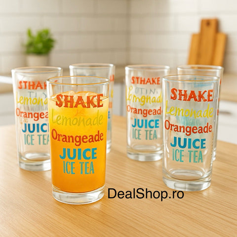 Set 6 pahare din sticlă design colorat 270 ml pt Suc apa Cocktailuri și Ice Tea Cadoul perfect