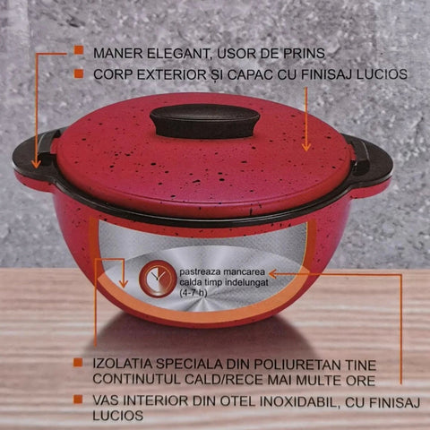 Caserolă 3.35 litri cu capac, menține cald/rece 4–7 ore BPA Free recipient servire mâncare – roșu/negru