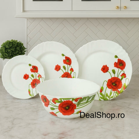 Serviciu de masă din opal 19 piese Nara K2218 – model flori roșii, pentru 6 persoane