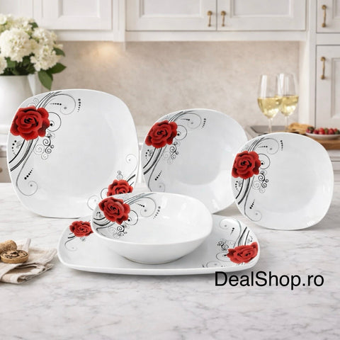 Serviciu de Masa 6 persoane Porțelan Elegant Line Floral 20 piese Farfurii Pătrate cu flori roșii TL 173-4