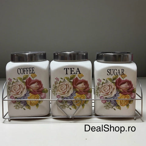 SET 3 RECIPIENTE CONDIMENTE CERAMICA CU CAPAC INOX SI SUPORT METALIC