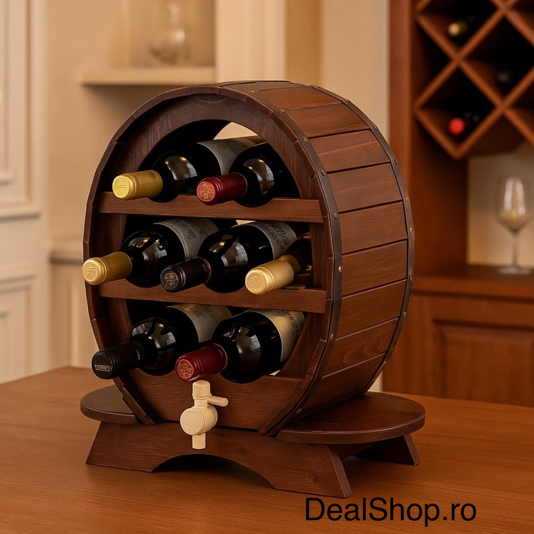Suport vin de lemn pentru 7 sticle cu robinet