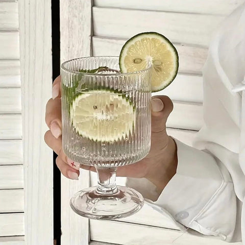 Set 6 Pahare Julia cu Picior Sticlă Transparentă 230 ml– Design Striat Elegant pt Suc Apa Cocktail